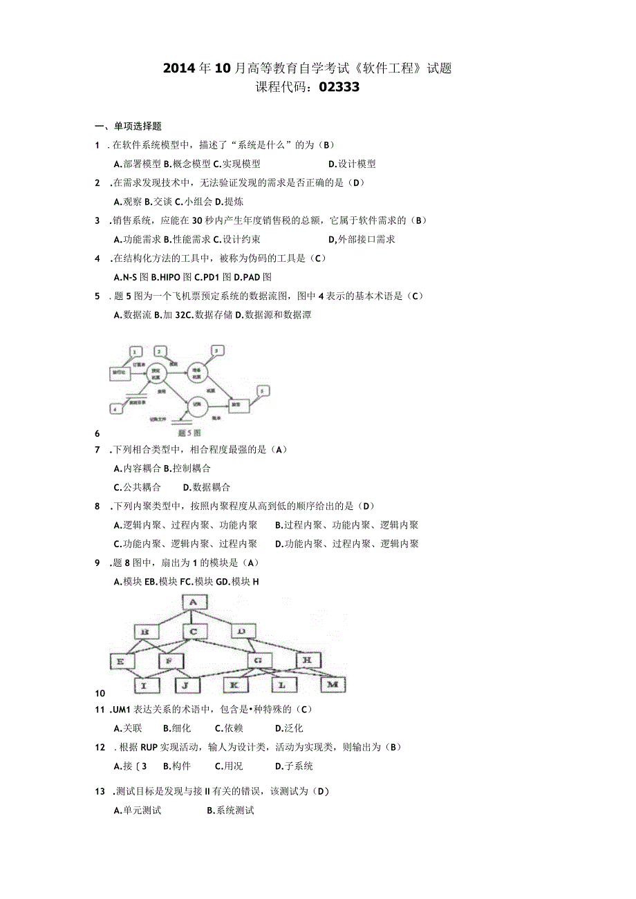 2014年10月自学考试02333《软件工程》试题和答案.docx_第1页