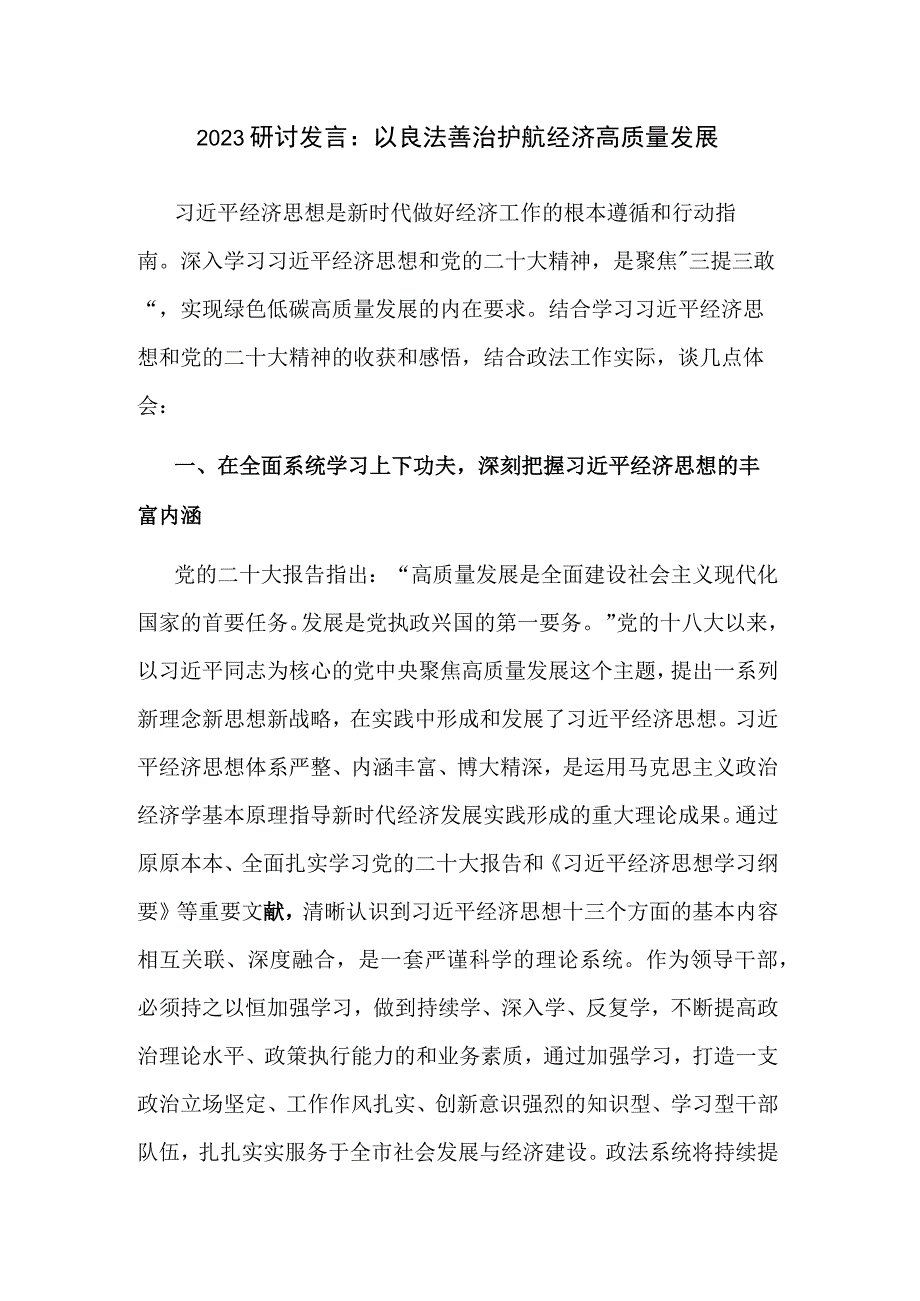 2023研讨发言：以良法善治护航经济高质量发展.docx_第1页