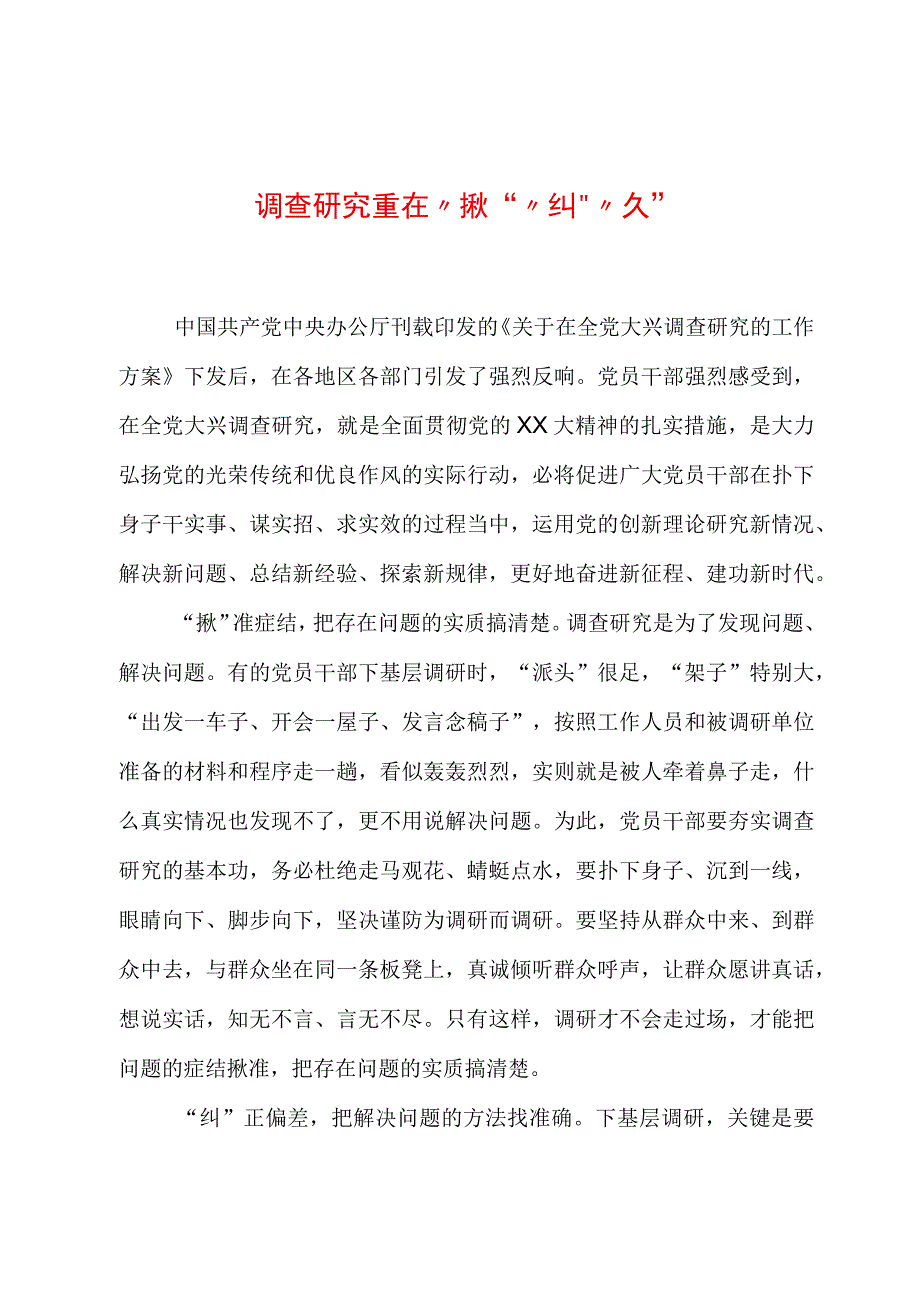 2023年“大兴务实之风 抓好调查研究”学习心得：调查研究重在“揪”“纠”“久”.docx_第1页