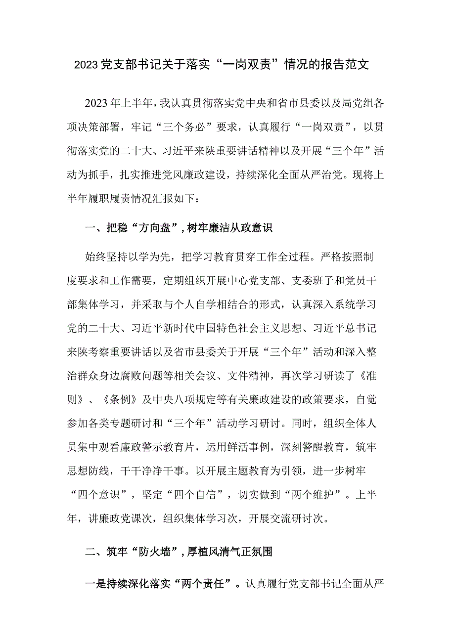 2023党支部书记关于落实“一岗双责”情况的报告范文.docx_第1页