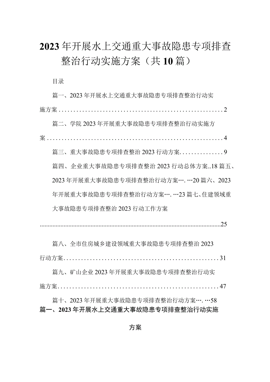 2023年开展水上交通重大事故隐患专项排查整治行动实施方案最新精选版【10篇】.docx_第1页