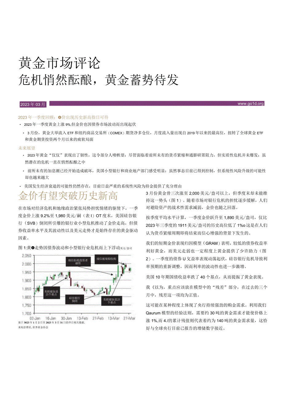 【奢侈消费市场报告】世界黄金协会-黄金市场2023年一季度评论：危机悄然酝酿黄金蓄势待发_市场营销.docx_第1页