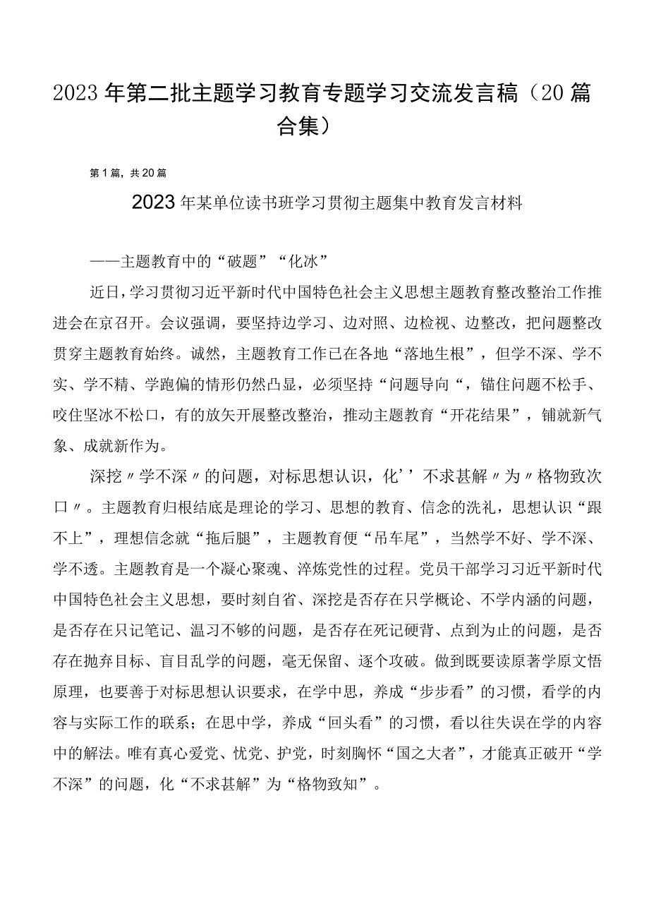 2023年第二批主题学习教育专题学习交流发言稿（20篇合集）.docx_第1页