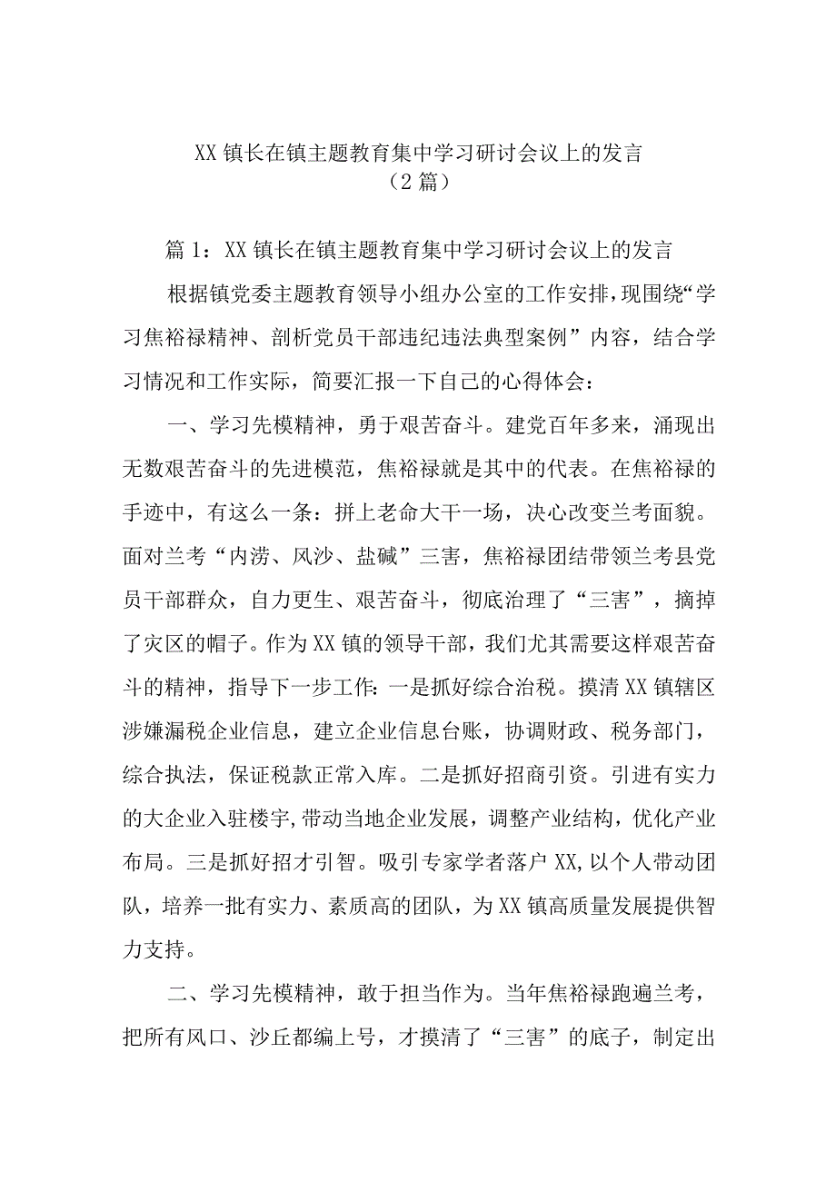 (2篇)XX镇长在镇主题教育集中学习研讨会议上的发言.docx_第1页