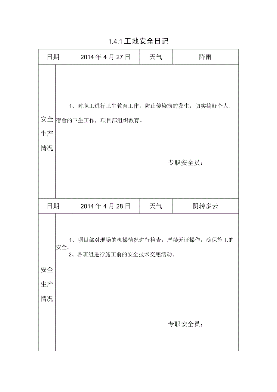 [施工资料]工地安全日记(4).docx_第1页