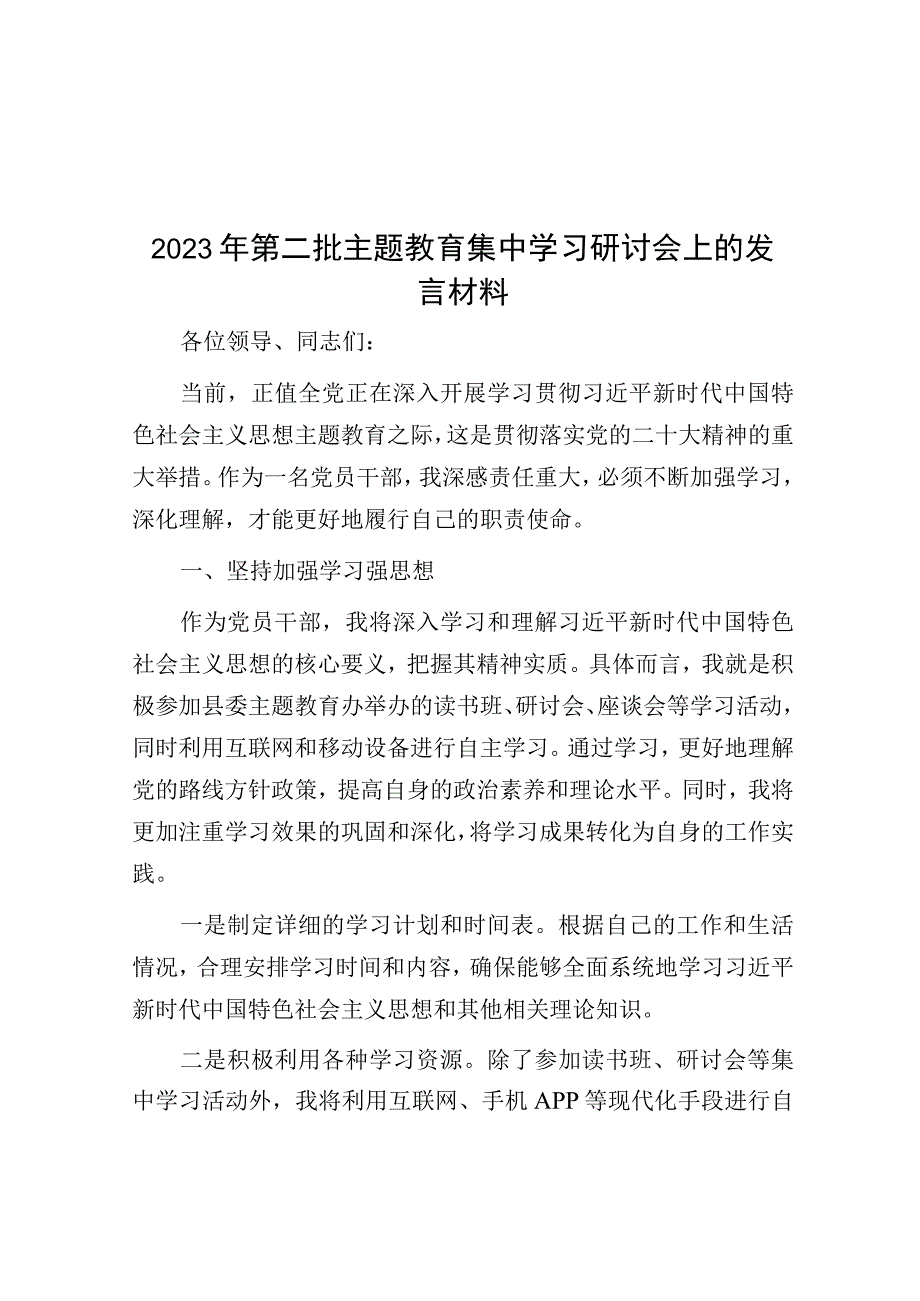 2023年第二批主题教育集中学习研讨会上的发言材料.docx_第1页