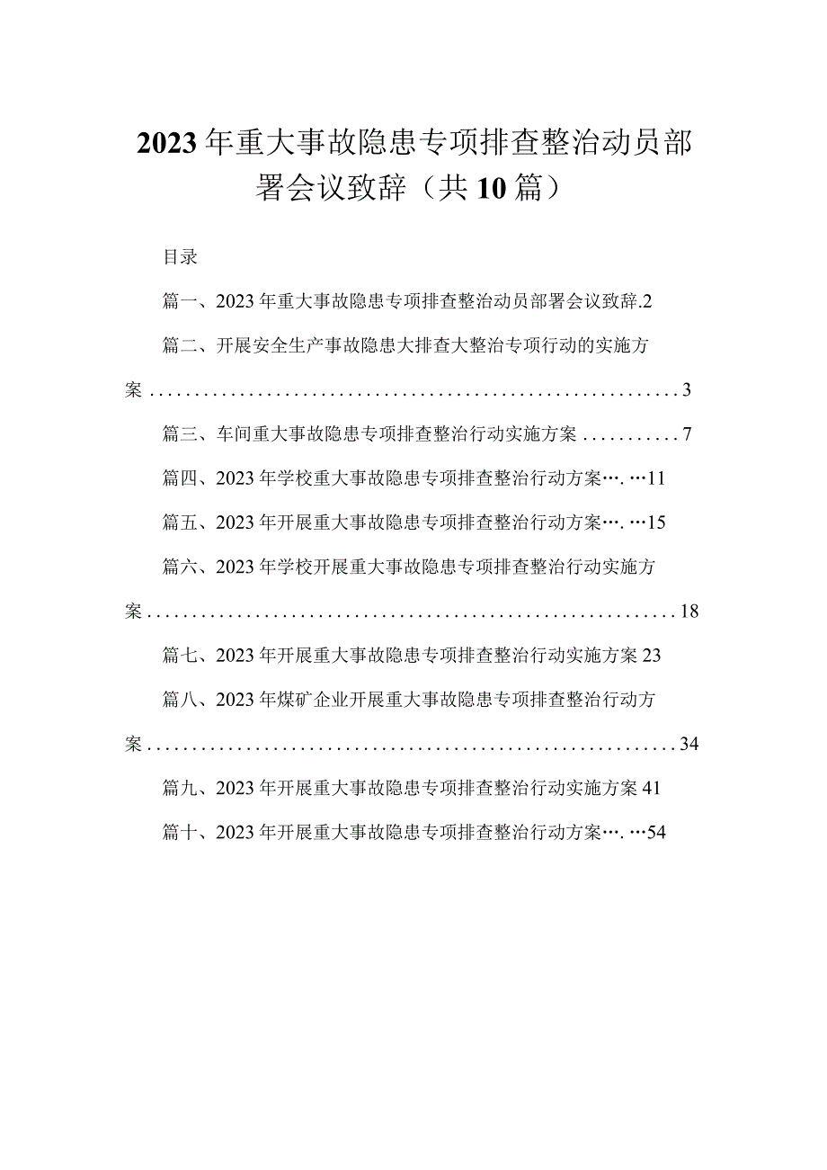 2023年重大事故隐患专项排查整治动员部署会议致辞（共10篇）汇编.docx_第1页