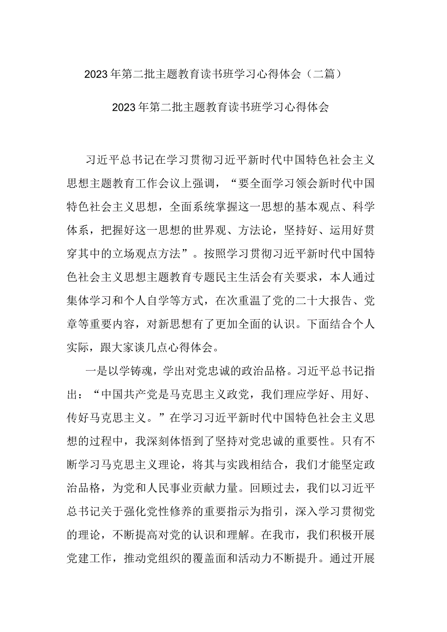 2023年第二批主题教育读书班学习心得体会(二篇).docx_第1页