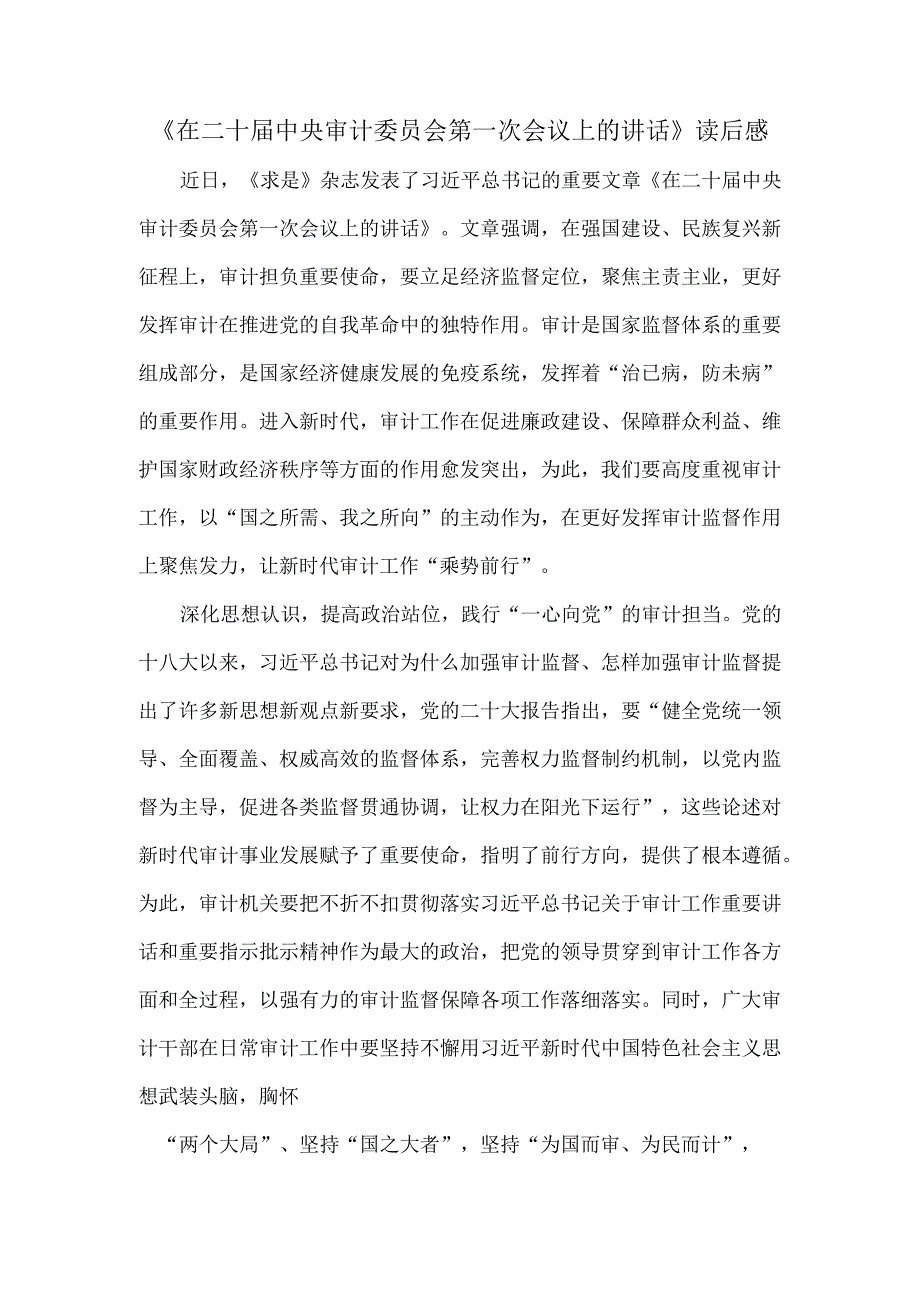 《在二十届中央审计委员会第一次会议上的讲话》读后感.docx_第1页