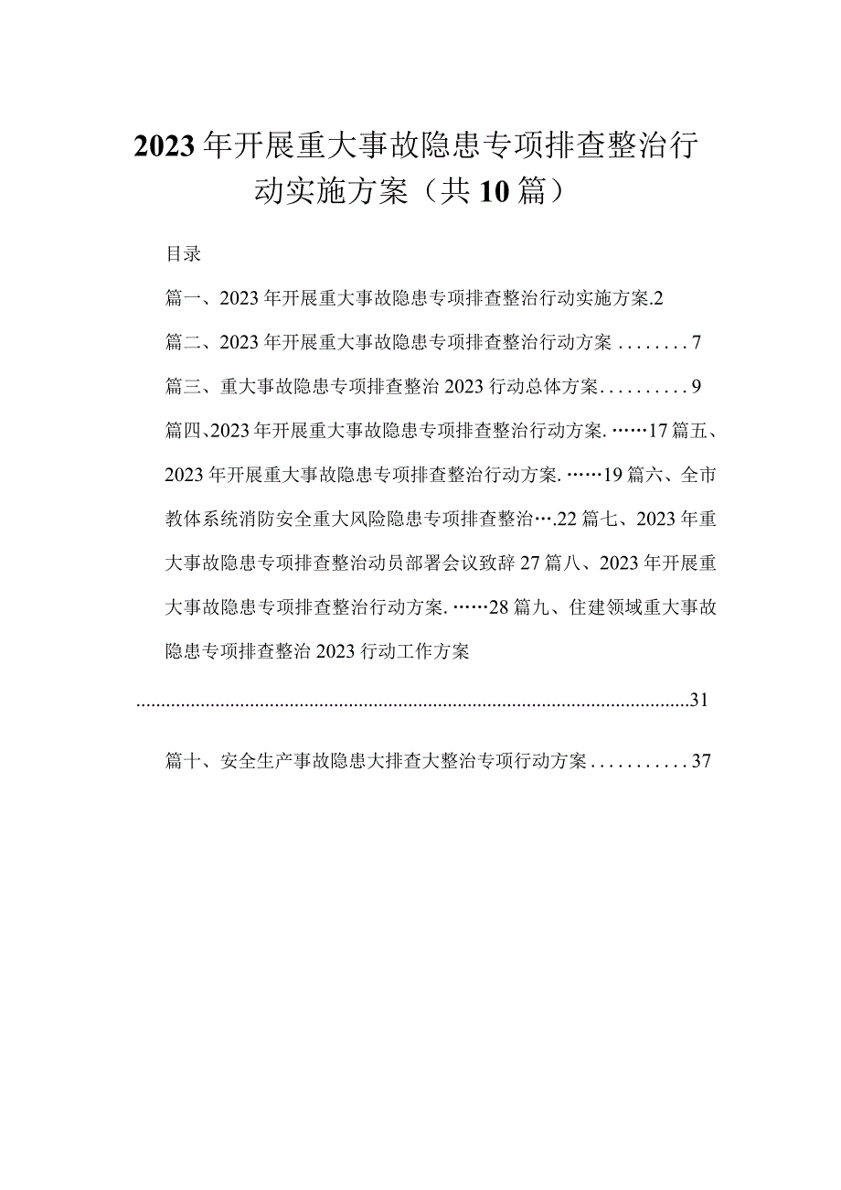 2023年开展重大事故隐患专项排查整治行动实施方案最新精选版【10篇】.docx_第1页