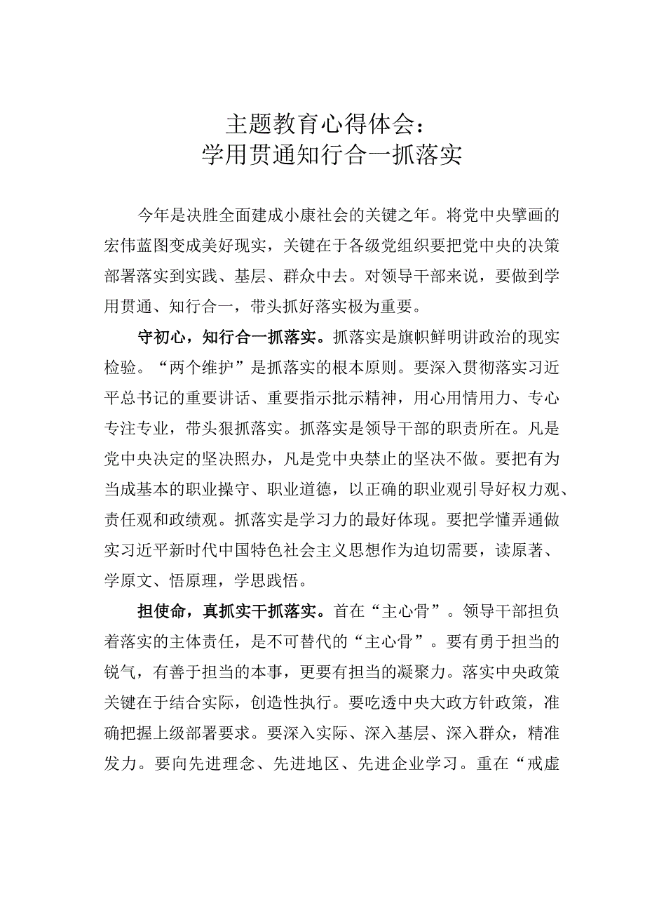 主题教育心得体会：学用贯通知行合一抓落实.docx_第1页