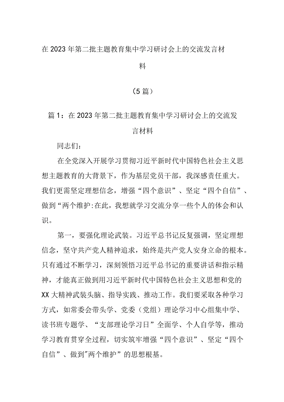 (5篇)在2023年第二批主题教育集中学习研讨会上的交流发言材料.docx_第1页