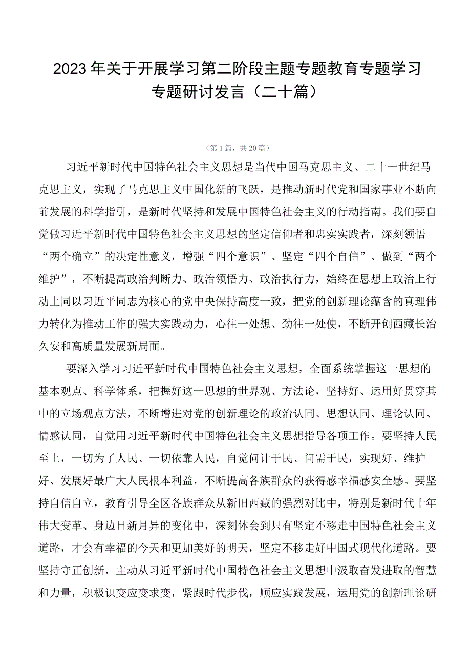 2023年关于开展学习第二阶段主题专题教育专题学习专题研讨发言（二十篇）.docx_第1页