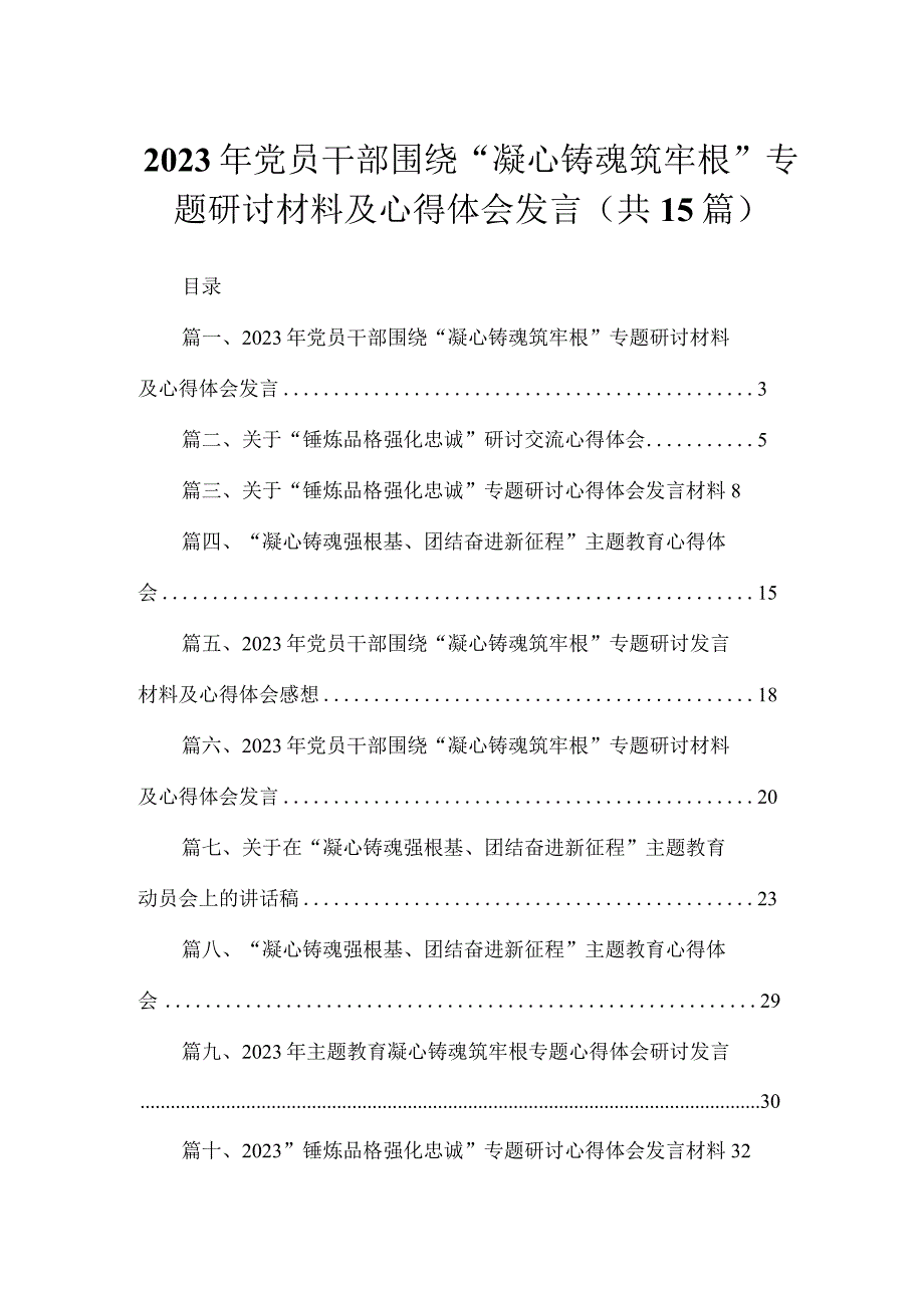 2023年党员干部围绕“凝心铸魂筑牢根”专题研讨材料及心得体会发言15篇(最新精选).docx_第1页