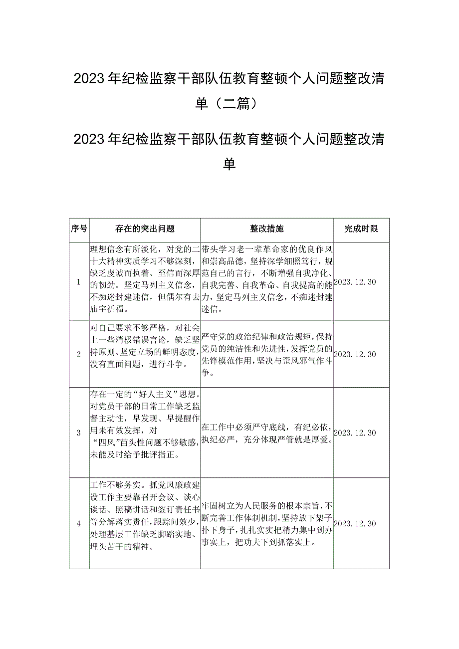 2023年纪检监察干部队伍教育整顿个人问题整改清单(二篇).docx_第1页