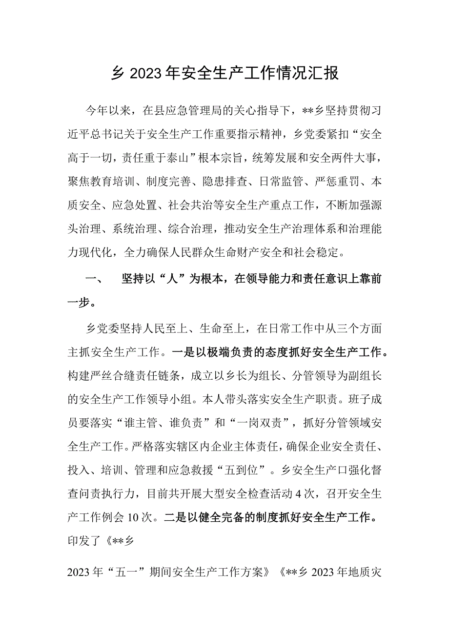 2023年安全生产工作情况汇报（乡镇）.docx_第1页