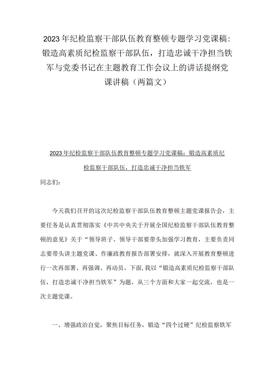 2023年纪检监察干部队伍教育整顿专题学习党课稿：锻造高素质纪检监察干部队伍打造忠诚干净担当铁军与党委书记在主题教育工作会议上的讲话提.docx_第1页