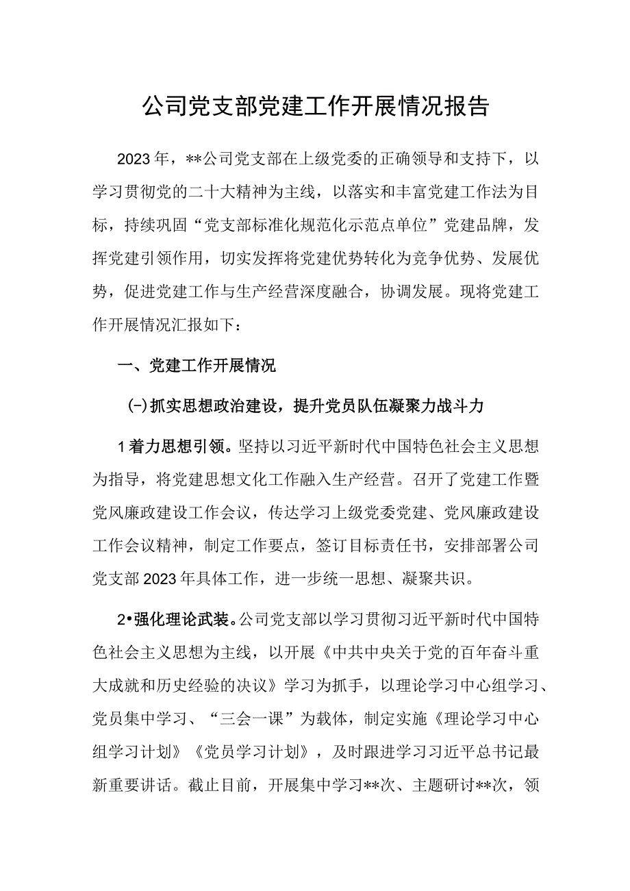 公司党支部党建工作开展情况报告.docx_第1页