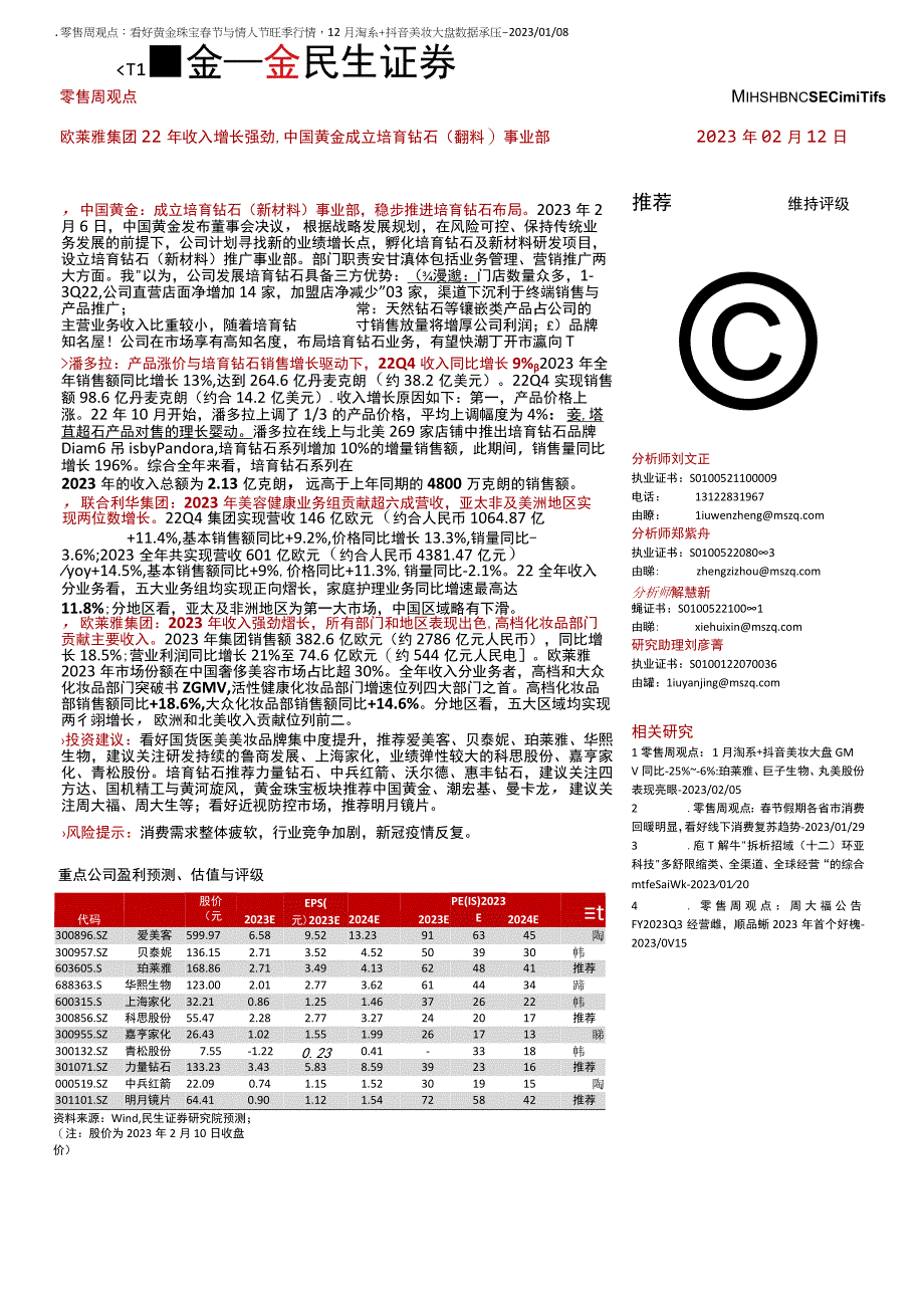 【奢侈消费市场报告】零售周观点：欧莱雅集团22年收入增长强劲中国黄金成立培育钻石（新材料）事业部-.docx_第1页