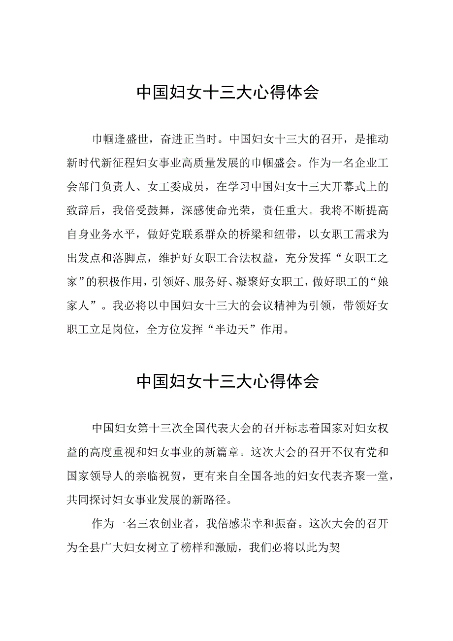 2023年妇女干部学习中国妇女第十三次全国代表大会精神的心得感悟（十一篇）.docx_第1页