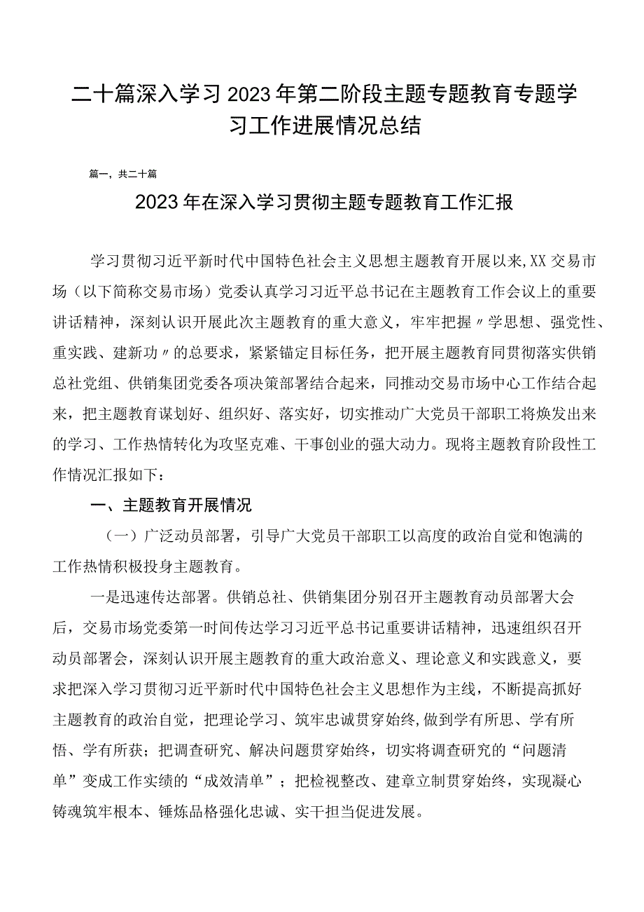 二十篇深入学习2023年第二阶段主题专题教育专题学习工作进展情况总结.docx_第1页