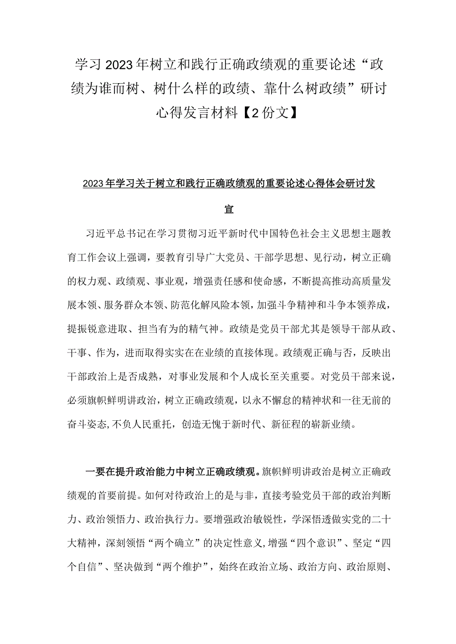 学习2023年树立和践行正确政绩观的重要论述“政绩为谁而树、树什么样的政绩、靠什么树政绩”研讨心得发言材料【2份文】.docx_第1页