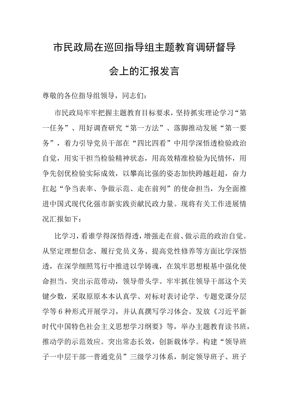 在巡回指导组主题教育调研督导会上的汇报发言（民政局）.docx_第1页