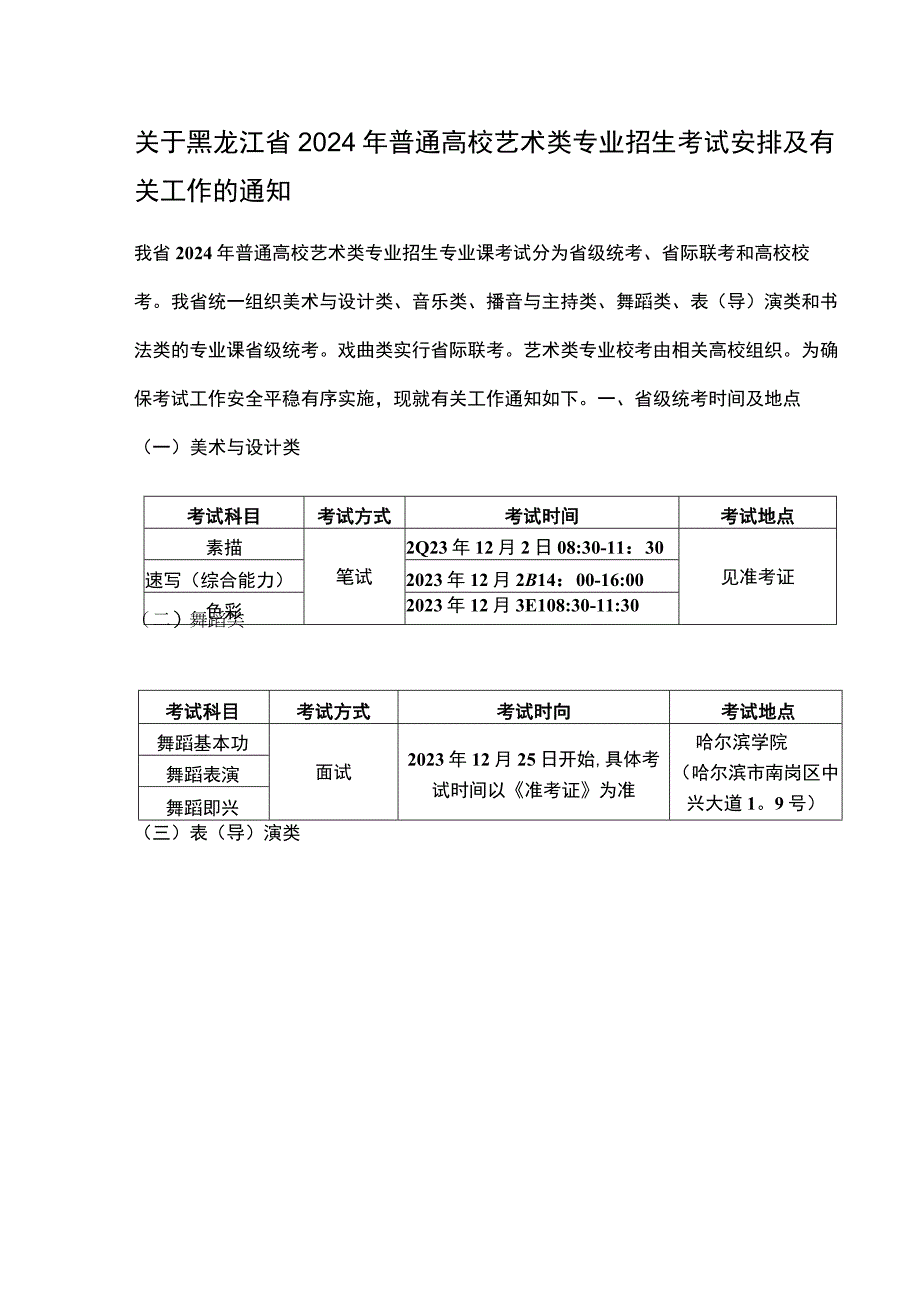 关于黑龙江省2024年普通高校艺术类专业招生考试安排及有关工作的通知.docx_第1页