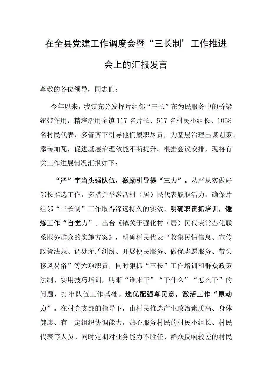 在全县党建工作调度会暨“三长制”工作推进会上的汇报发言.docx_第1页