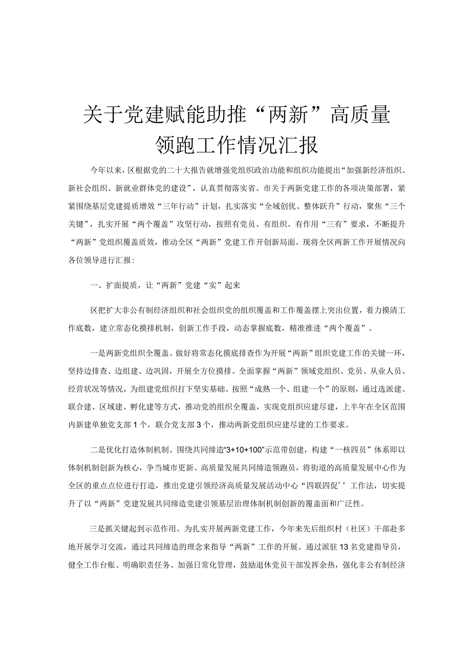 关于党建赋能助推“两新”高质量领跑工作情况汇报.docx_第1页