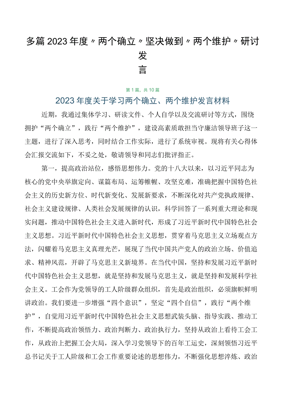 多篇2023年度“两个确立”坚决做到“两个维护”研讨发言.docx_第1页