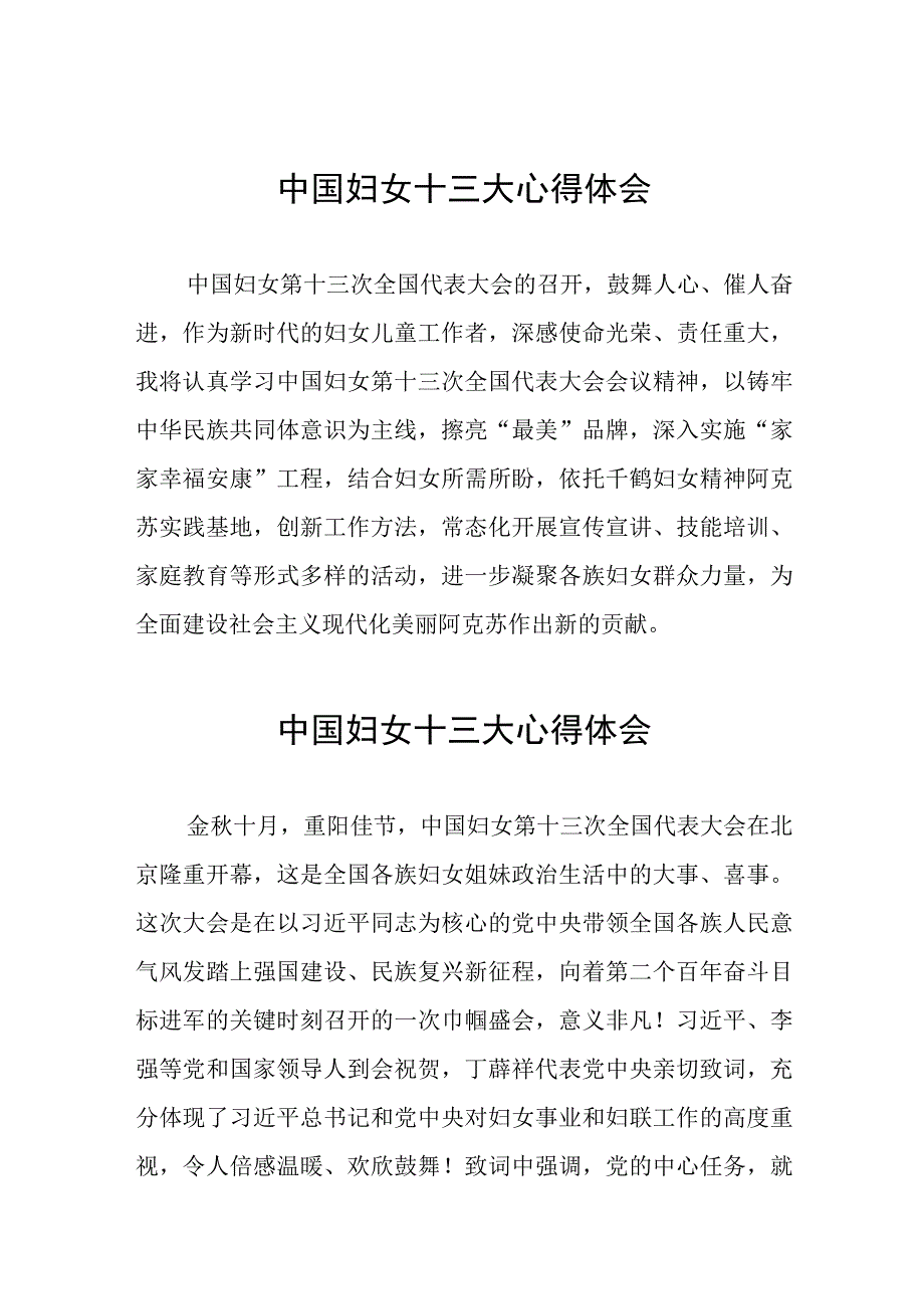 学习中国妇女第十三次全国代表大会精神心得体会（十一篇）.docx_第1页