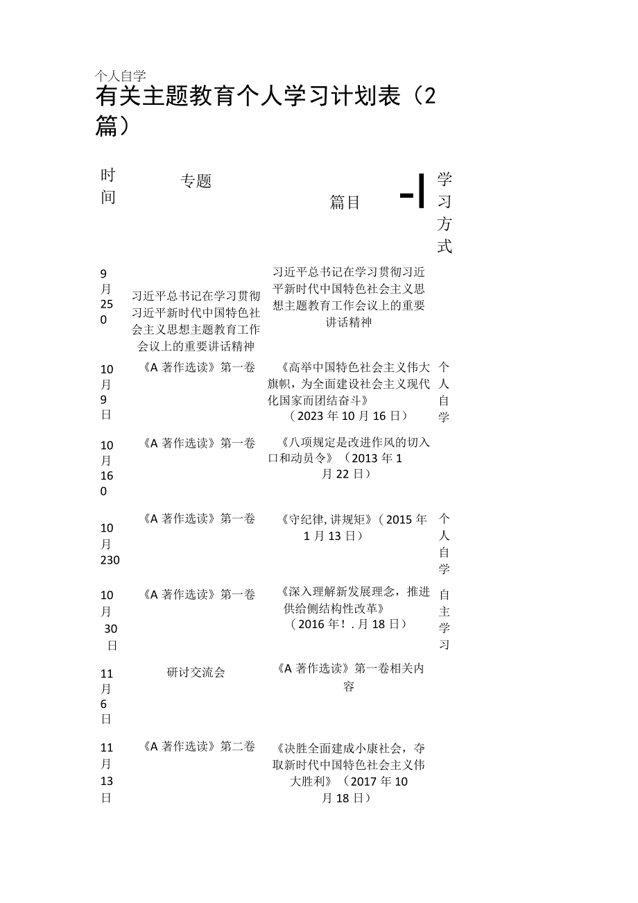 有关主题教育个人学习计划表（2篇）.docx_第1页