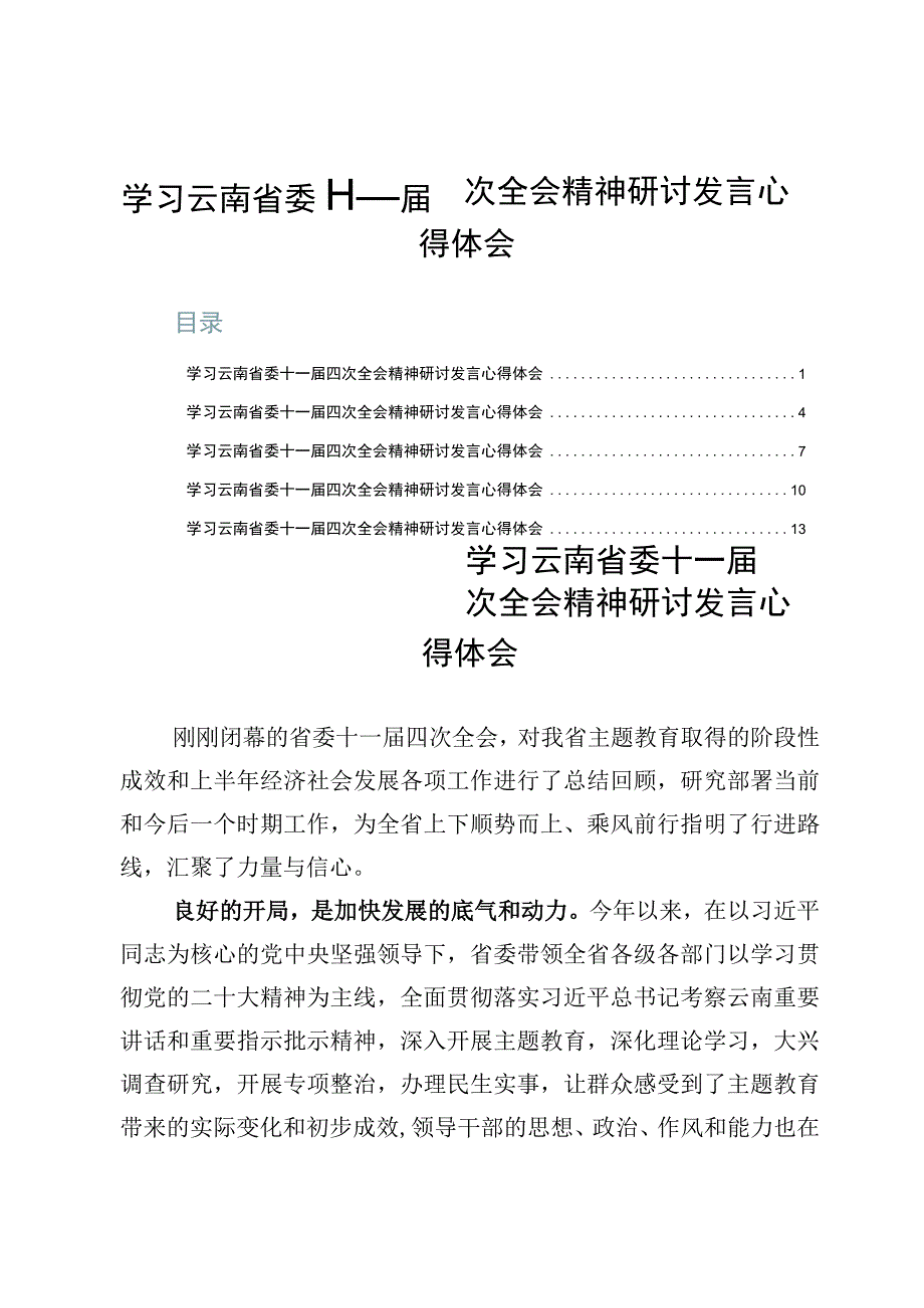 学习云南省委十一届四次全会精神研讨发言心得体会.docx_第1页