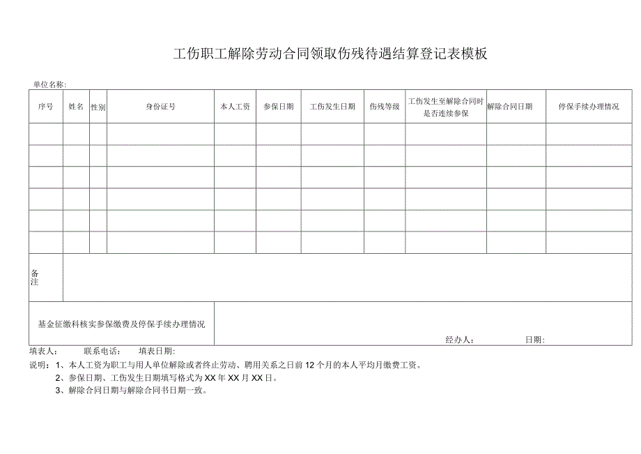 工伤职工解除劳动合同领取伤残待遇结算登记表模板.docx_第1页