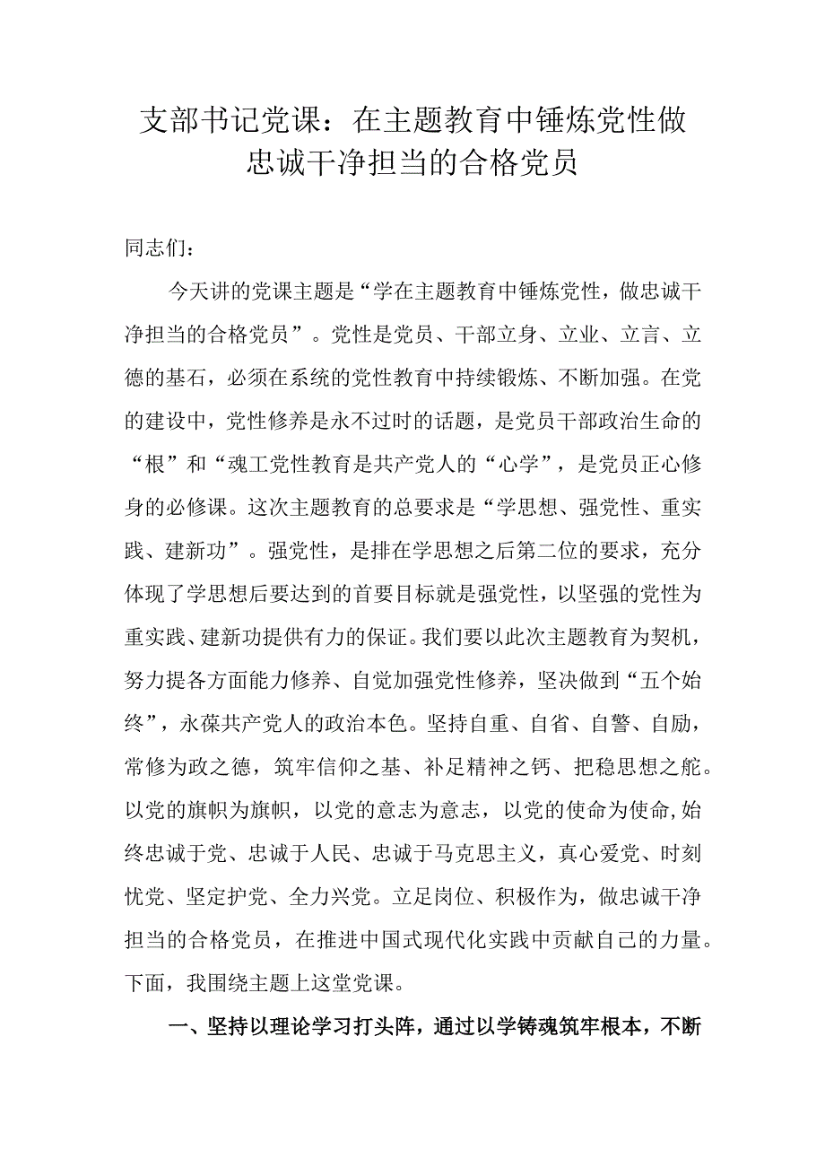 支部书记党课：在主题教育中锤炼党性 做忠诚干净担当的合格党员.docx_第1页