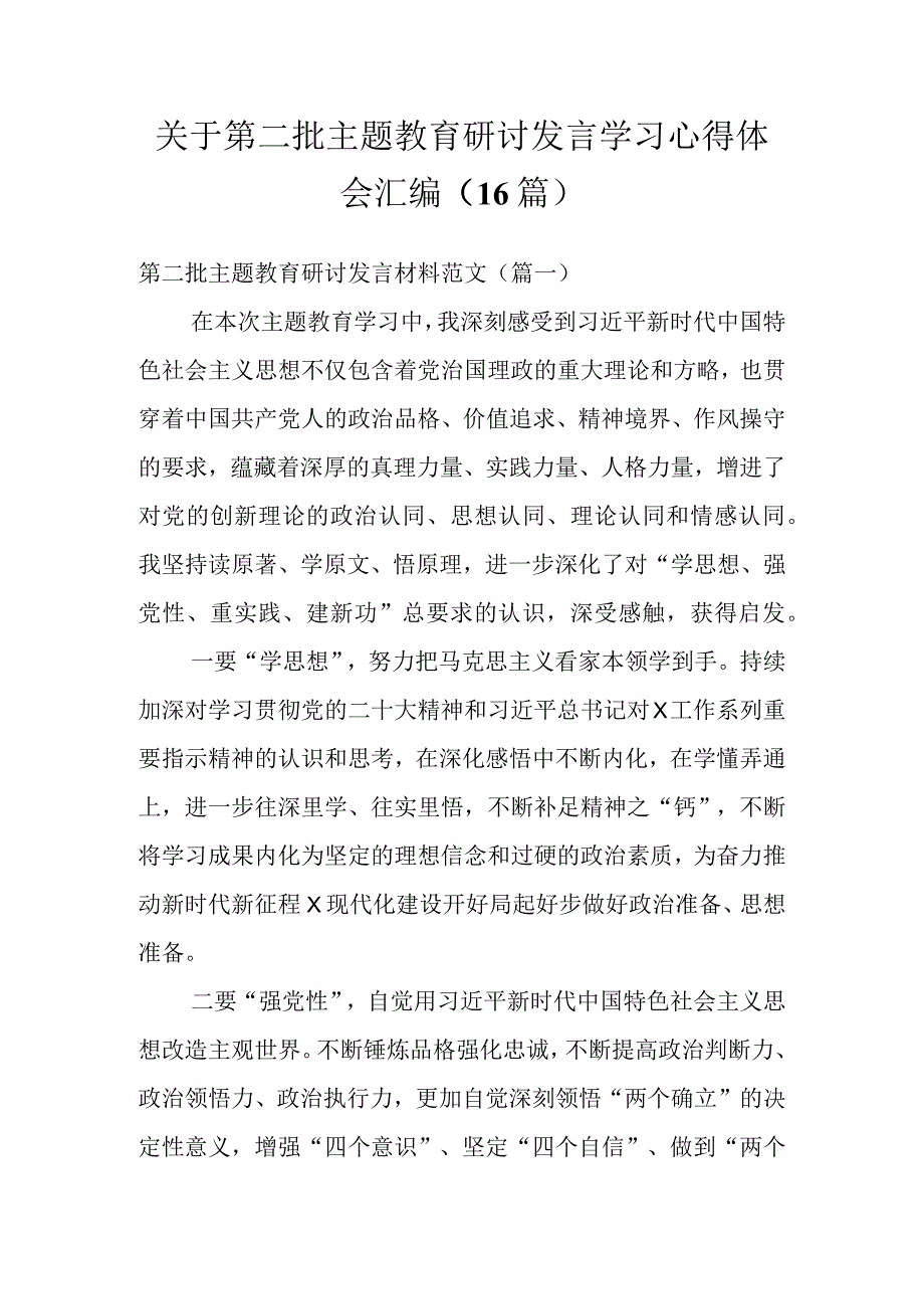 关于第二批主题教育研讨发言学习心得体会汇编（16篇）.docx_第1页