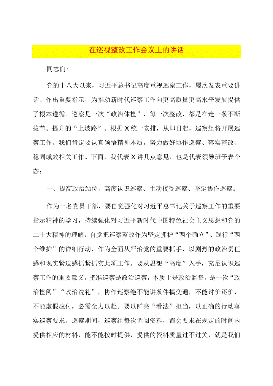 在巡视整改工作会议上的讲话.docx_第1页