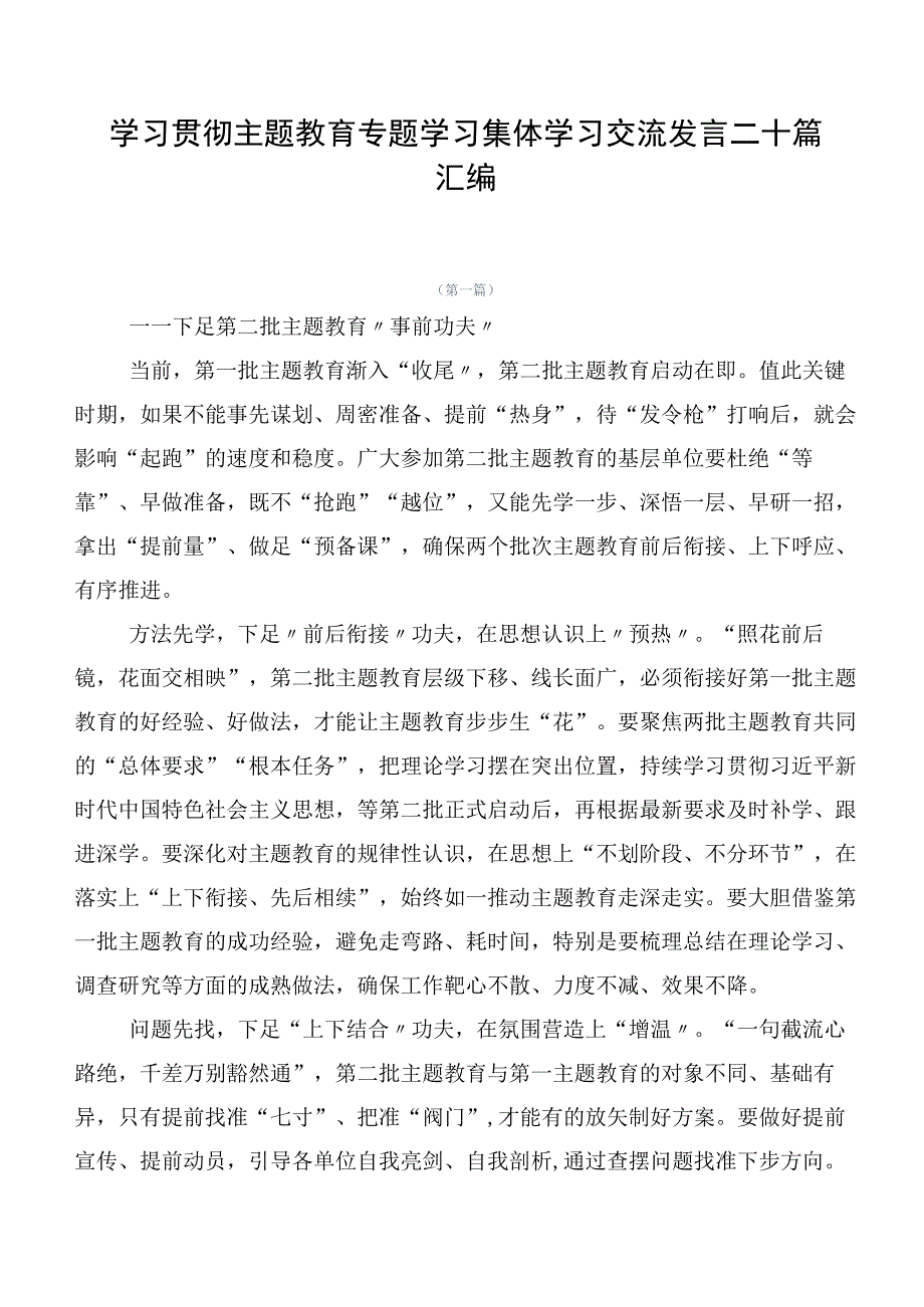 学习贯彻主题教育专题学习集体学习交流发言二十篇汇编.docx_第1页