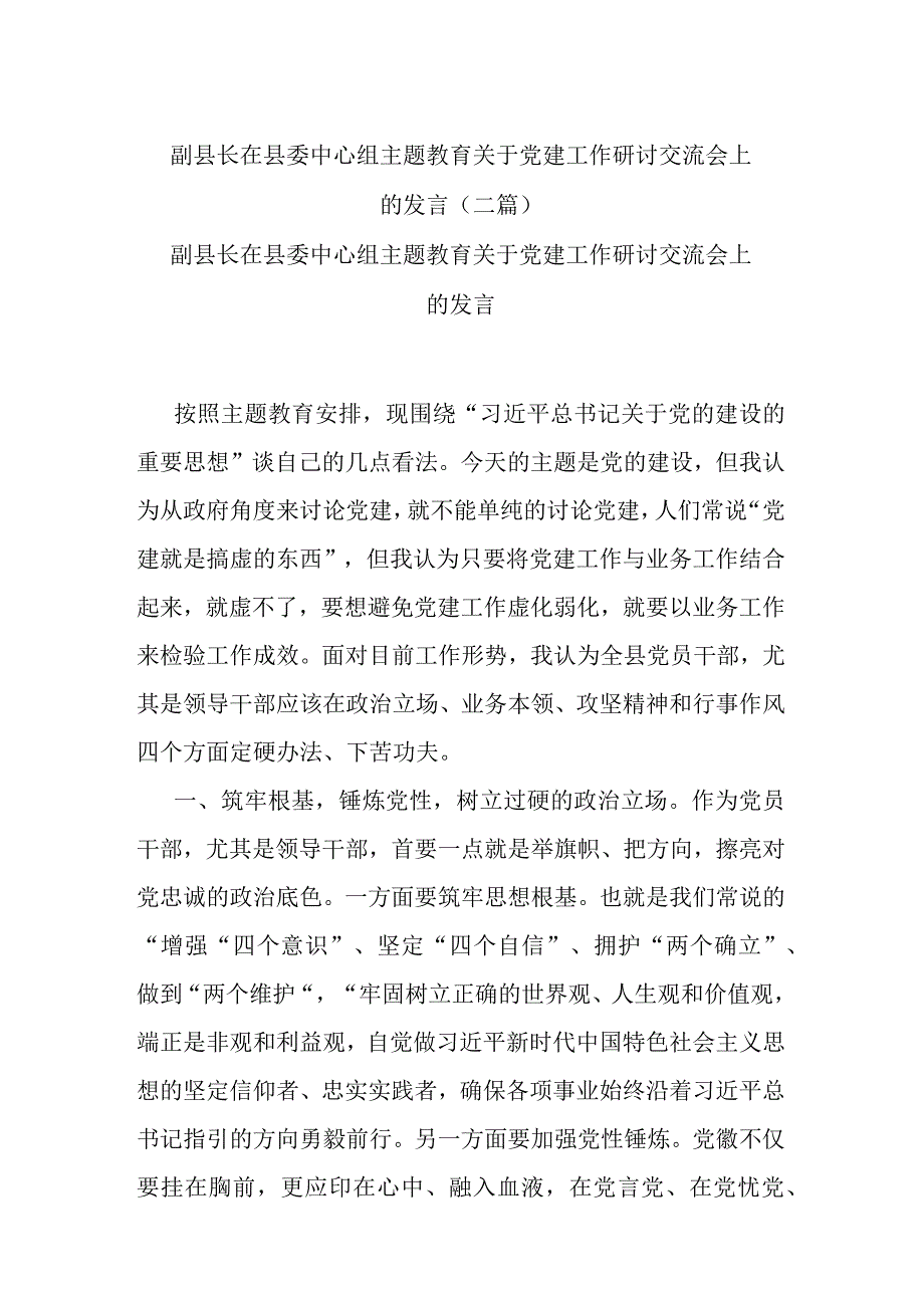 副县长在县委中心组主题教育关于党建工作研讨交流会上的发言(二篇).docx_第1页