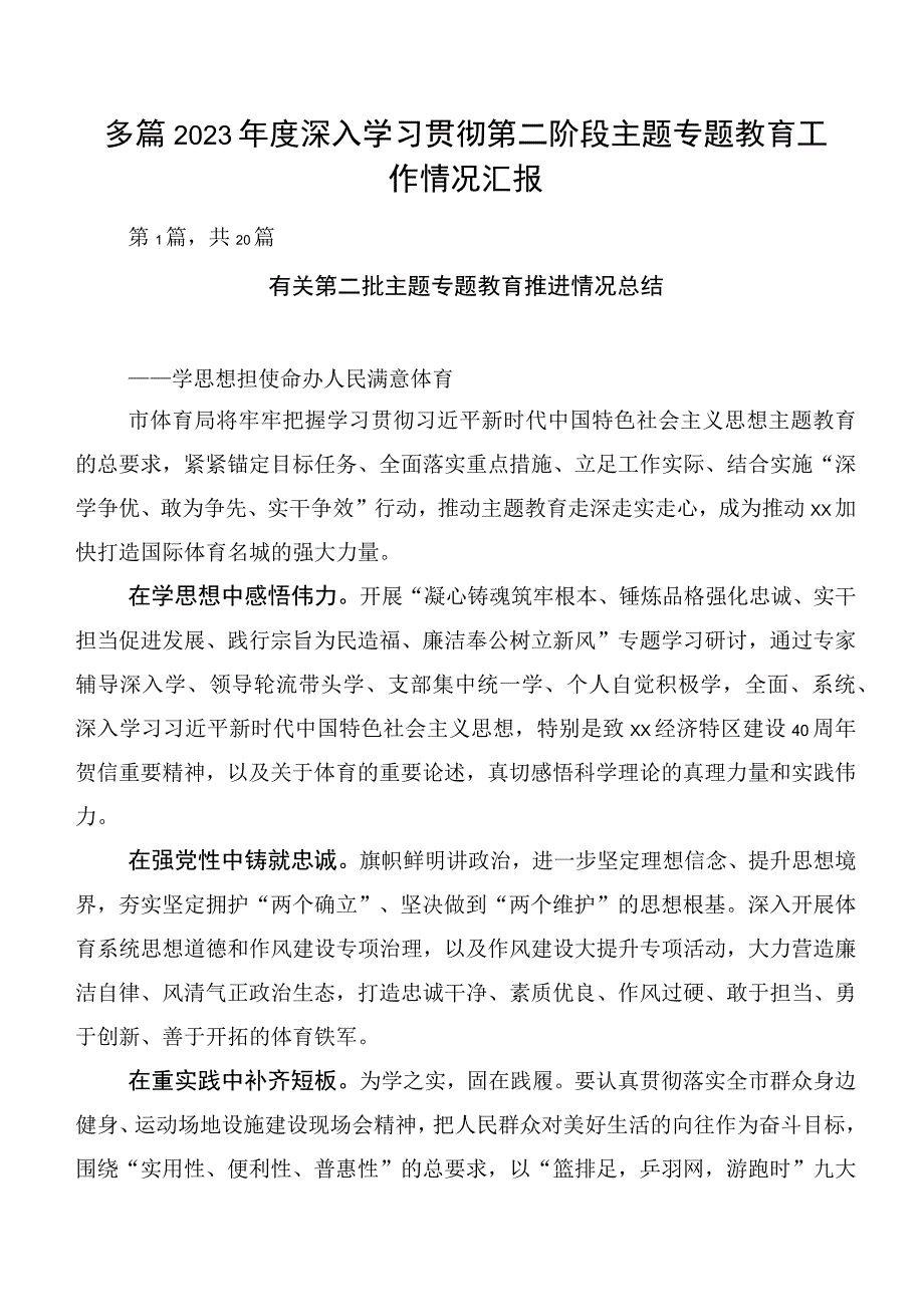 多篇2023年度深入学习贯彻第二阶段主题专题教育工作情况汇报.docx_第1页