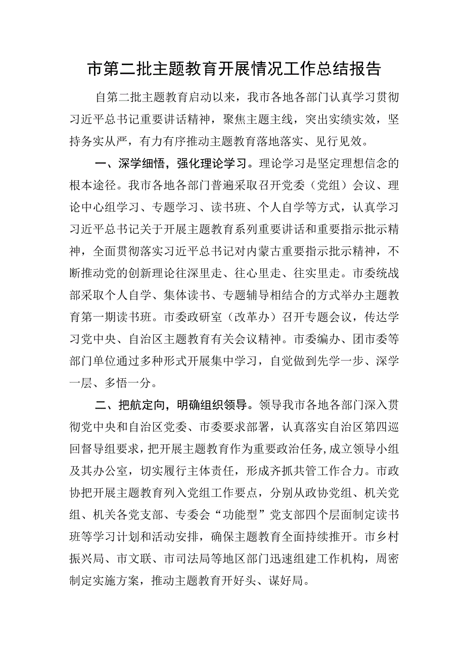 市第二批主题教育开展情况工作总结报告.docx_第1页