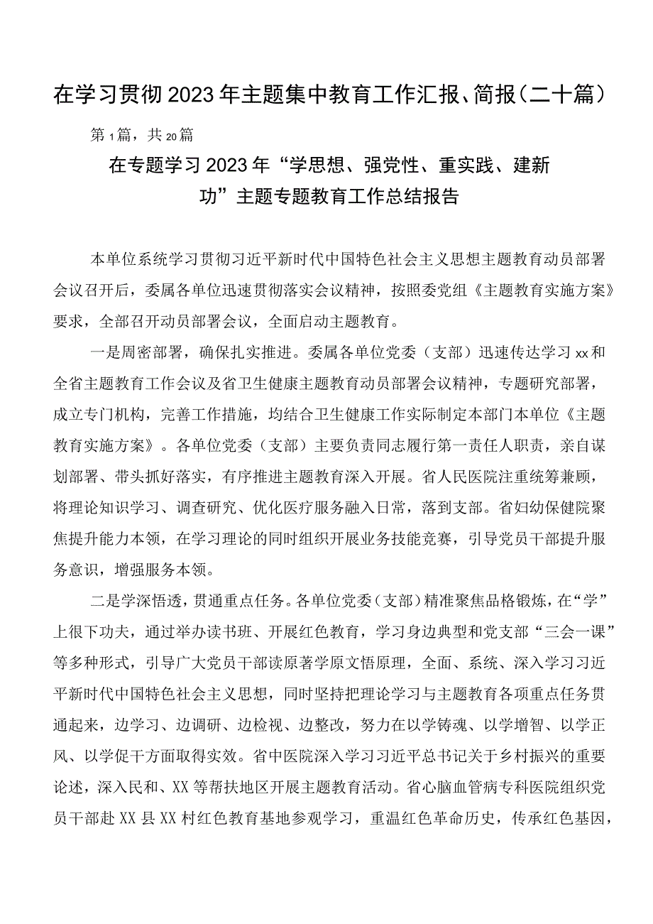 在学习贯彻2023年主题集中教育工作汇报、简报（二十篇）.docx_第1页