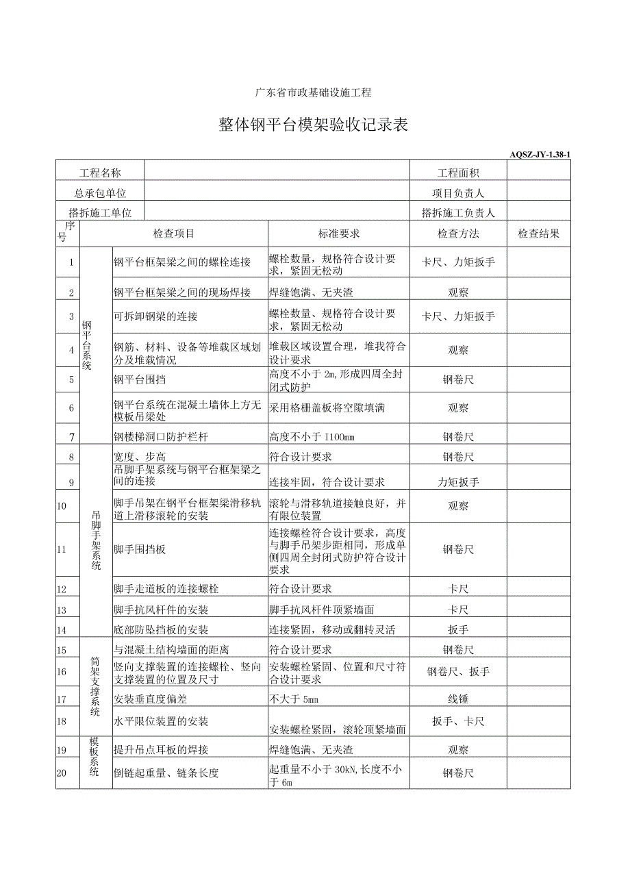 整体钢平台模架验收记录表.docx_第1页