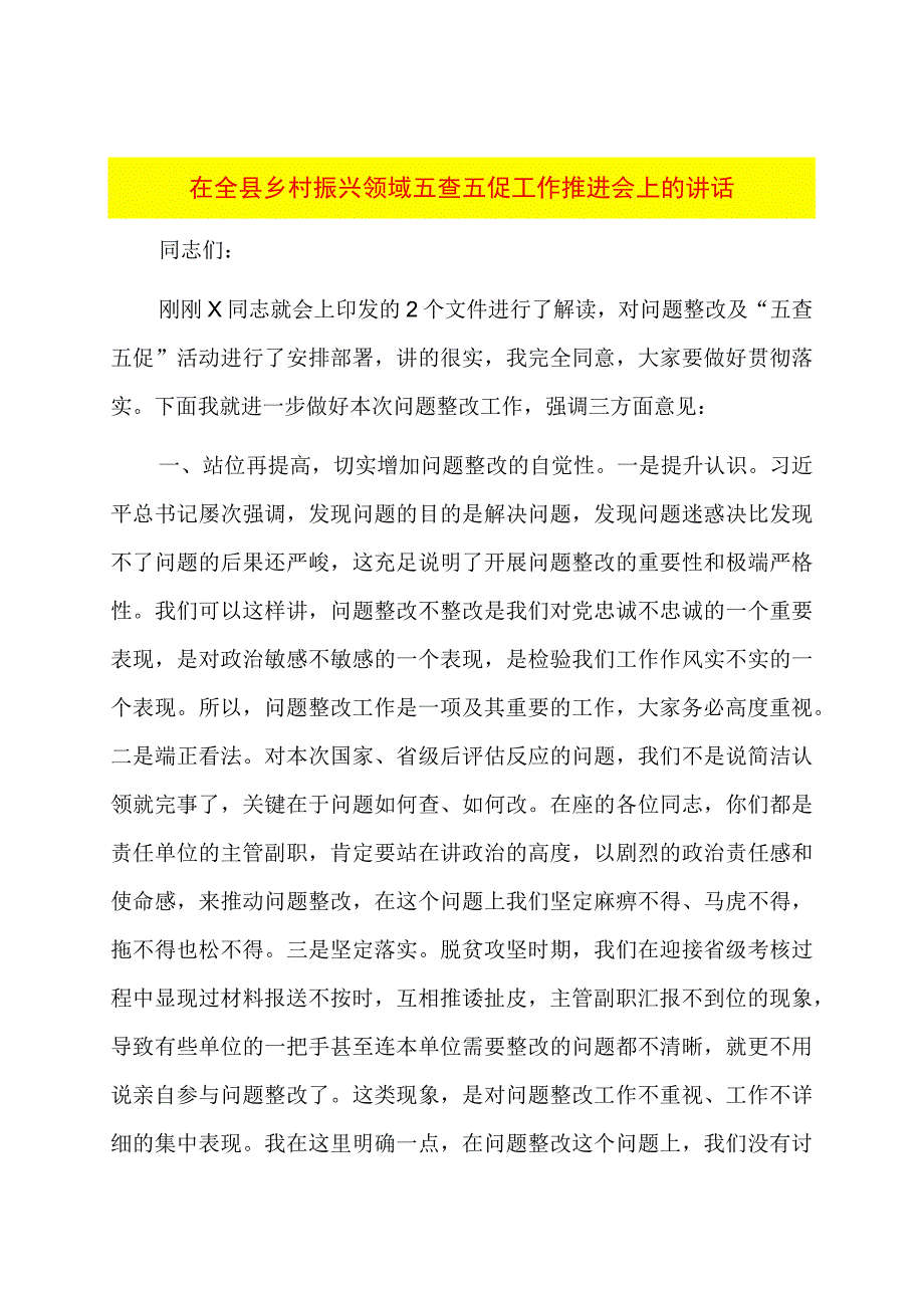 在全县乡村振兴领域五查五促工作推进会上的讲话.docx_第1页