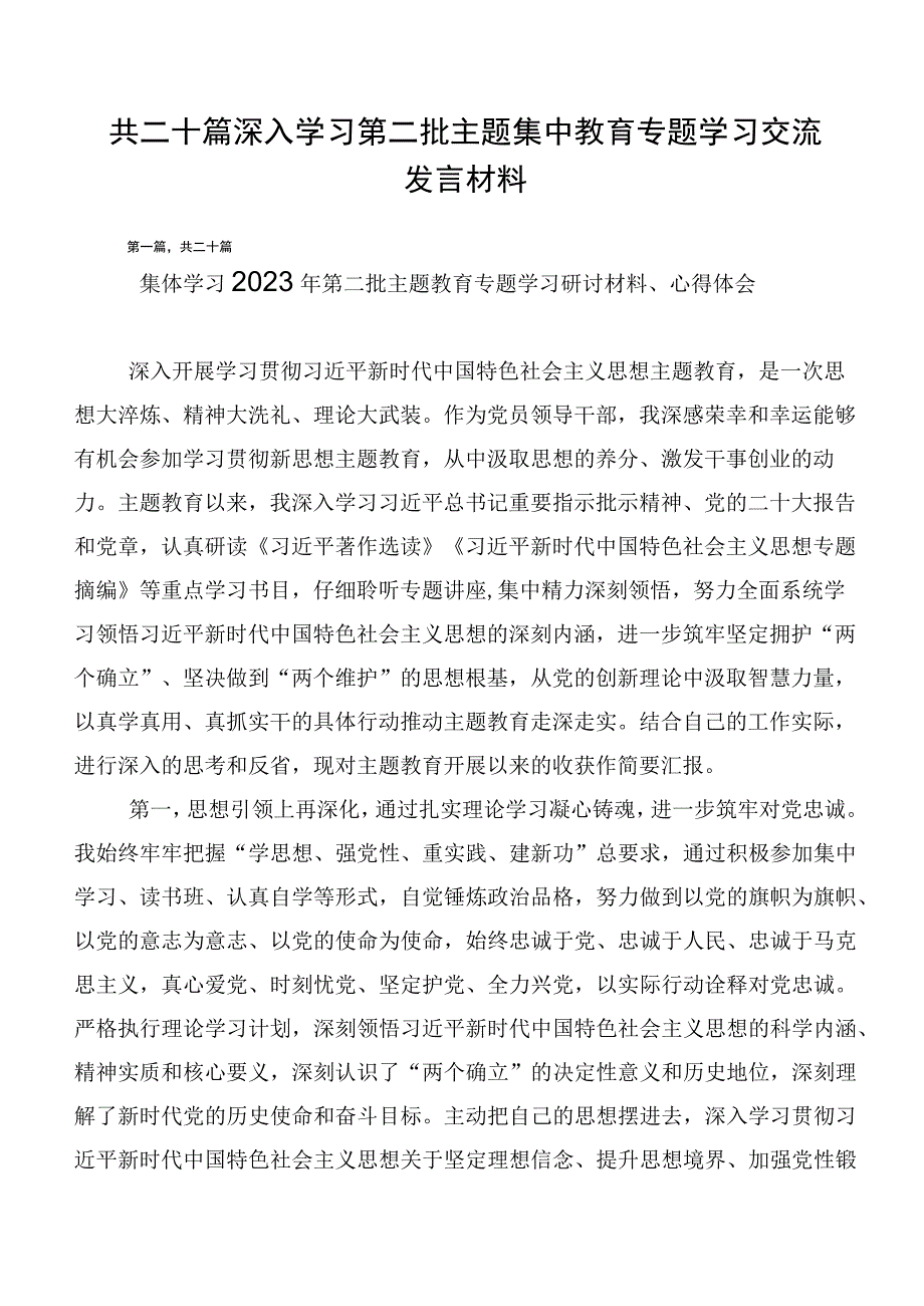 共二十篇深入学习第二批主题集中教育专题学习交流发言材料.docx_第1页