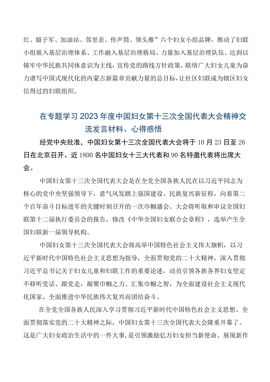 专题学习中国妇女第十三次全国代表大会的讲话提纲及心得体会十篇.docx_第2页