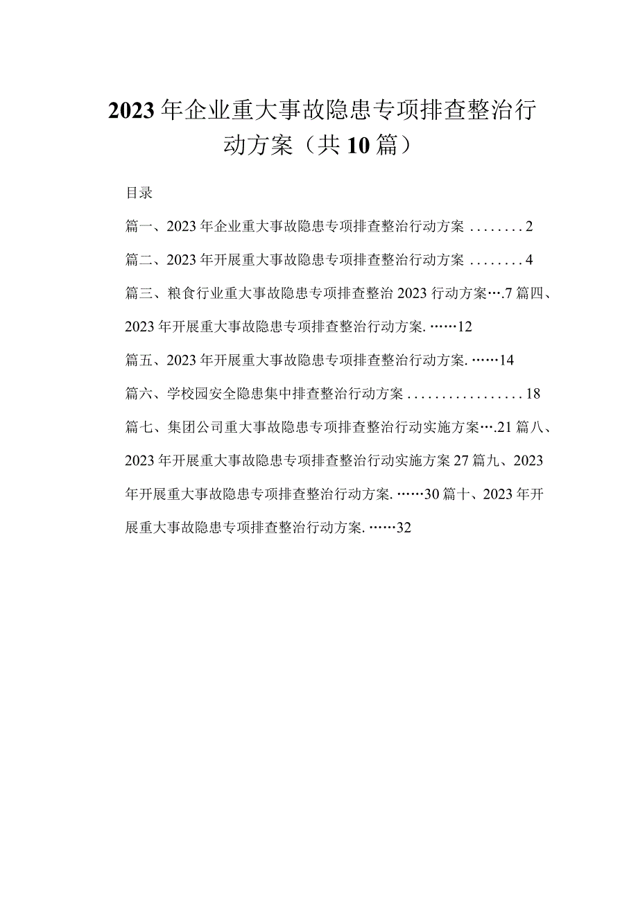 2023年企业重大事故隐患专项排查整治行动方案最新精选版【10篇】.docx_第1页