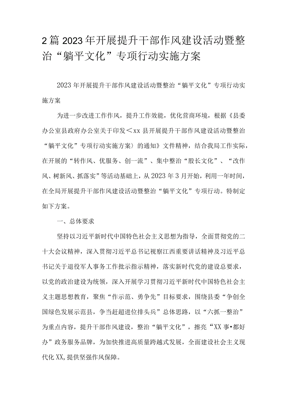 2篇2023年开展提升干部作风建设活动暨整治“躺平文化”专项行动实施方案.docx_第1页