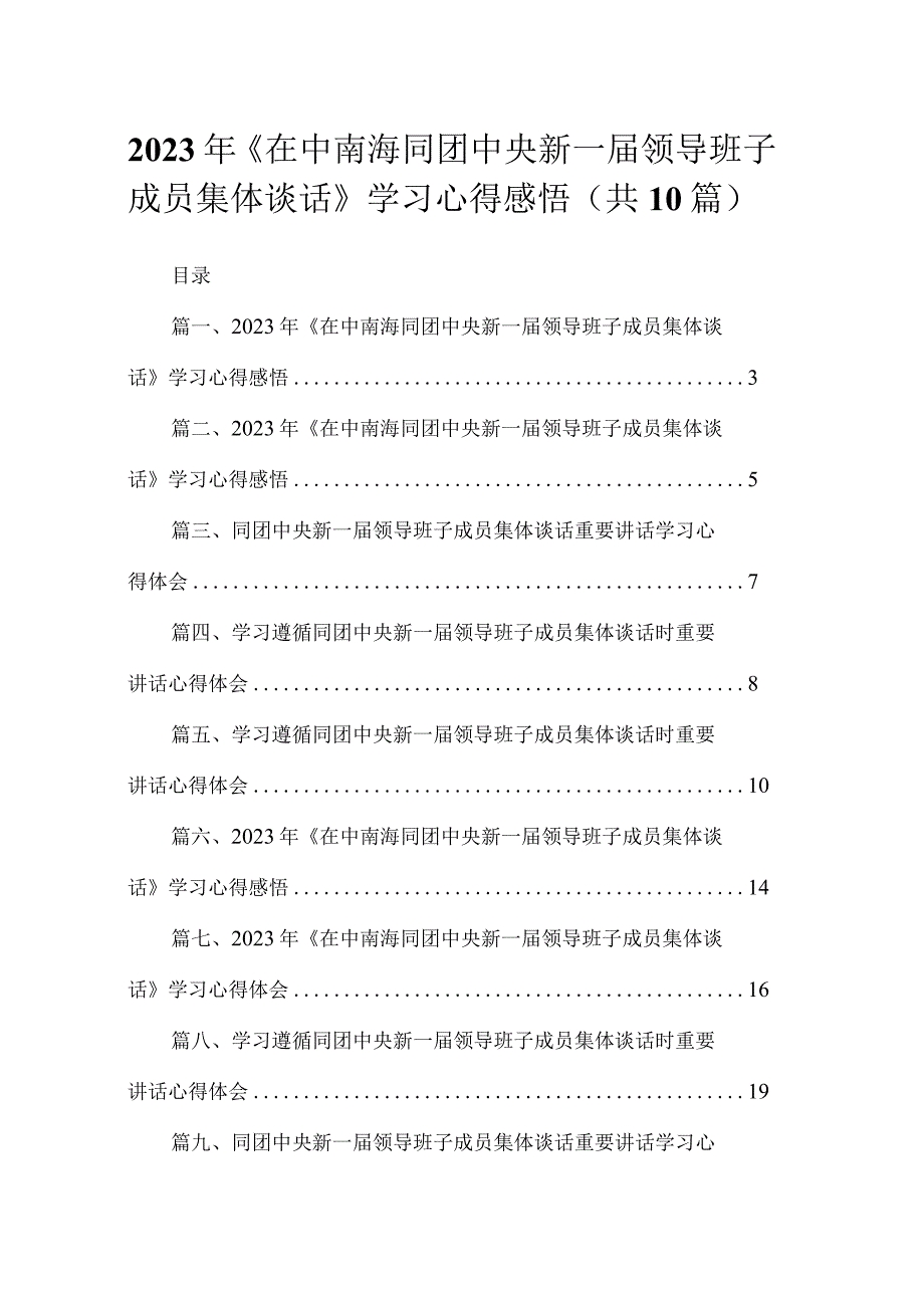 2023年《在中南海同团中央新一届领导班子成员集体谈话》学习心得感悟范文【10篇精选】供参考.docx_第1页